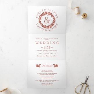 Vintage terracotta rose wreath on white wedding Tri-Fold invitation