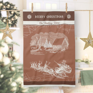 Vintage Terracotta Santa Sleigh Reindeer Christmas Tea Towel