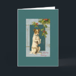 Vintage Terrier and Holly Holiday Card<br><div class="desc">Vintage image of brown and white terrier sitting on his haunches with paws in the air.  Art deco style border and holly branches.</div>