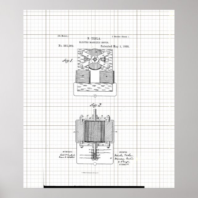 Vintage Tesla Electro Magnetic Motor Patent Poster (Front)