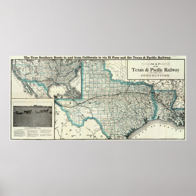 Vintage Texas and Louisiana Railroad Map (1903) Poster (Front)