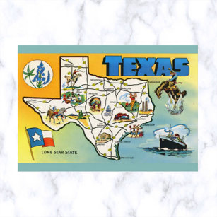 Vintage Texas Map and Flag Postcard