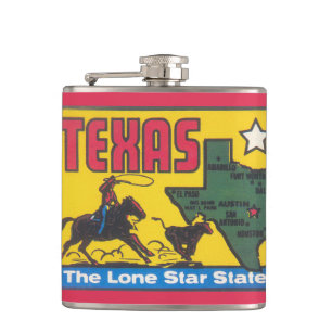 Vintage Texas promotion illustration with cowboy Hip Flask