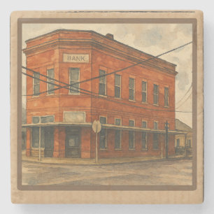 Vintage Texas Red Brick Bank Watercolor Art Stone Coaster
