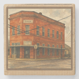 Vintage Texas Red Brick Bank Watercolor Art Stone Coaster