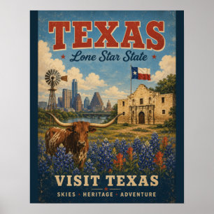 Vintage Texas Travel Poster with Lone Star State H