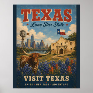Vintage Texas Travel Poster with Longhorn and Lone
