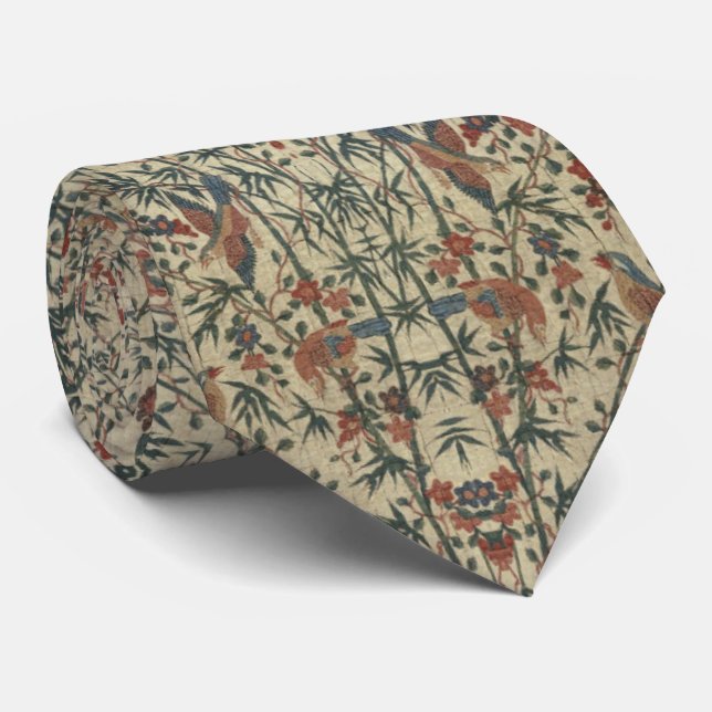 Vintage Textile Birds Flowers Tie (Rolled)