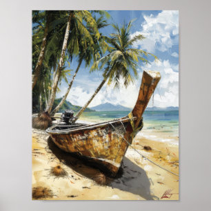 Vintage Thai Longtail Boat Beached in Sand Poster