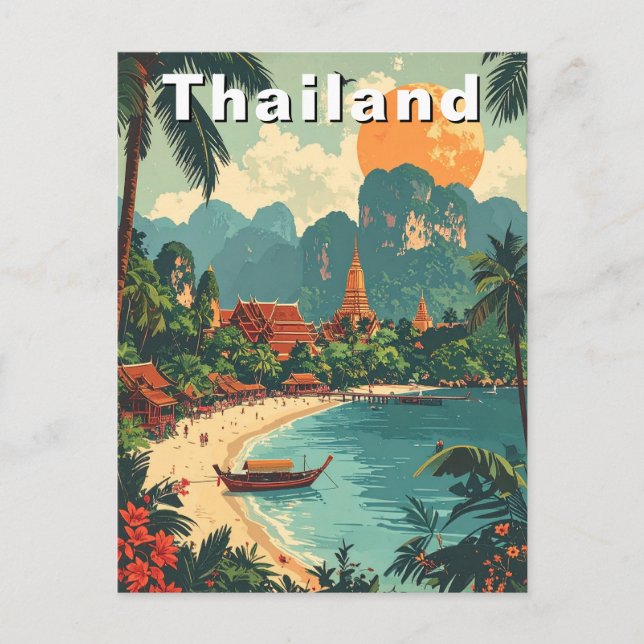 Vintage Thailand Tropical Beach Travel Art Postcard (Front)