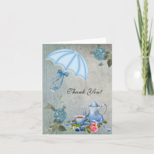 Vintage Thank You Card White Blue Tea Flowers