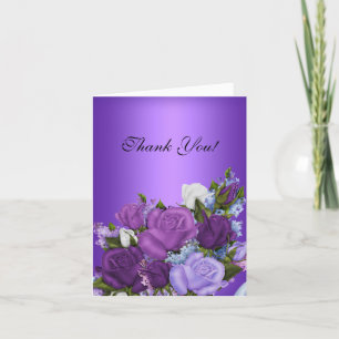 Vintage Thank You Card White Roses Purple Flowers