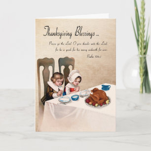 Vintage Thanksgiving Blessings w/ Praying Children Holiday Card