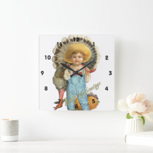 Vintage Thanksgiving Boy With Turkey Square Wall Clock