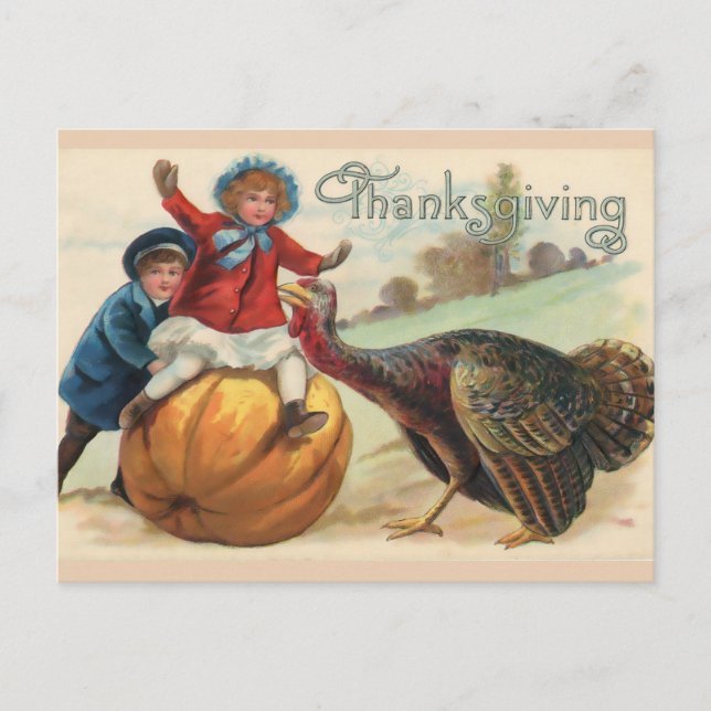 Vintage Thanksgiving Children with Pumpkin, Turkey Postcard (Front)