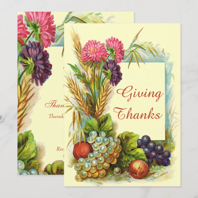 Vintage Thanksgiving Colourful Fruits & Flowers Invitation (Front/Back)