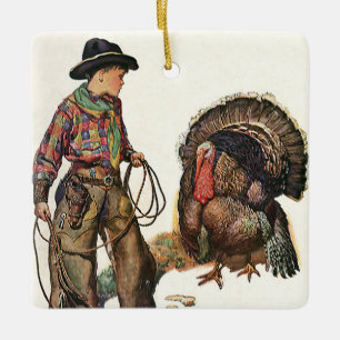 Vintage Thanksgiving, Cowboy Catching a Turkey Ceramic Ornament