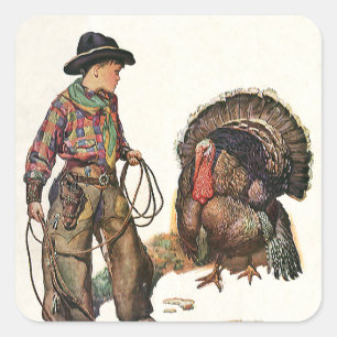 Vintage Thanksgiving, Cowboy Catching a Turkey Square Sticker