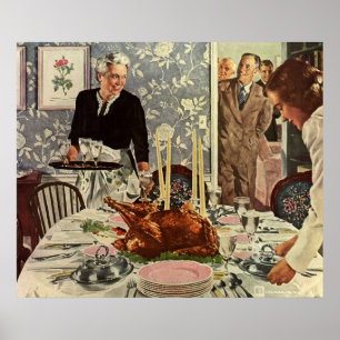 Vintage Thanksgiving Day Turkey Dinner with Family Poster