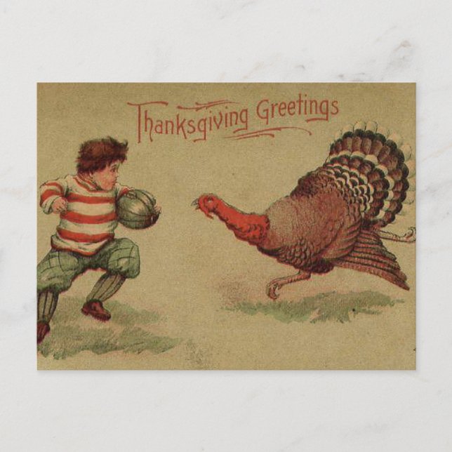 Vintage Thanksgiving Football and Turkey Holiday Postcard (Front)