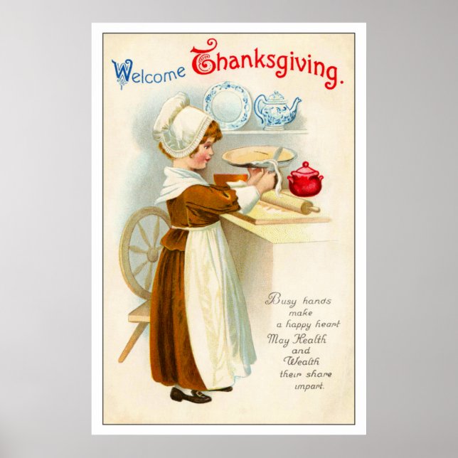 Vintage Thanksgiving Girl Making Pie Poster (Front)
