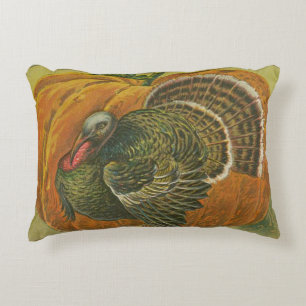 Vintage Thanksgiving greeting turkey and pumpkin Decorative Cushion