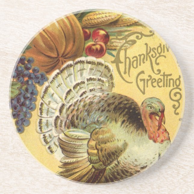 Vintage Thanksgiving Greeting with a Turkey Coaster (Front)