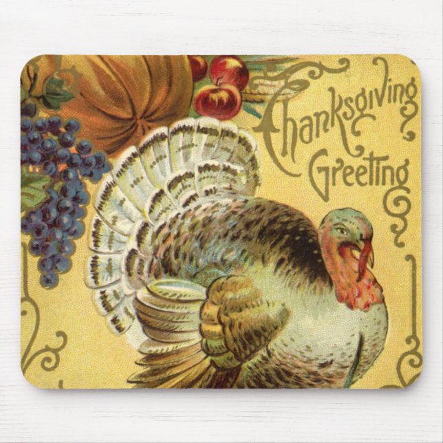 Vintage Thanksgiving Greeting with a Turkey Mouse Mat (Front)