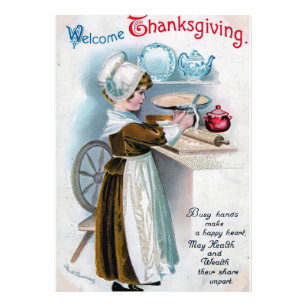 Vintage Thanksgiving Greeting with Pilgrim Girl Ba Photo Print