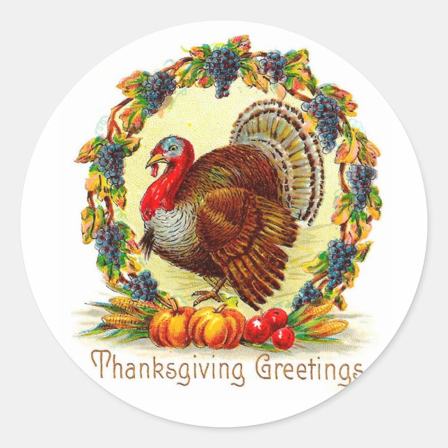 Vintage Thanksgiving Greetings Classic Round Sticker (Front)