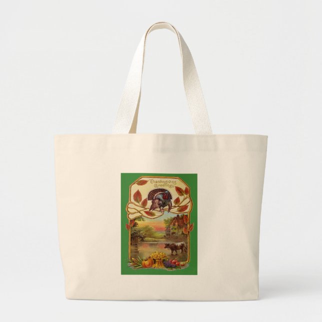 Vintage Thanksgiving Greetings Large Tote Bag (Front)