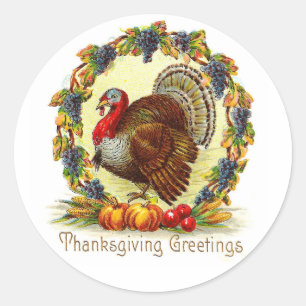 Vintage Thanksgiving Greetings Turkey Classic Round Sticker