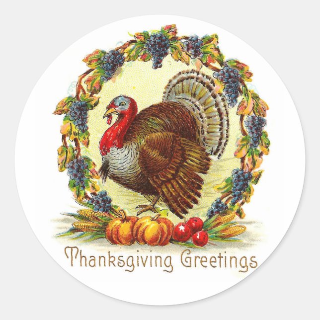 Vintage Thanksgiving Greetings Turkey Classic Round Sticker (Front)
