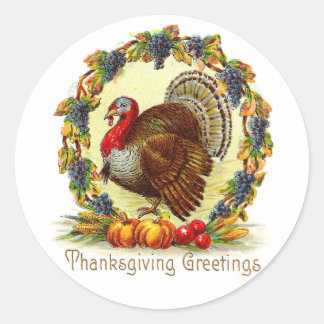 Vintage Thanksgiving Greetings Turkey Classic Round Sticker
