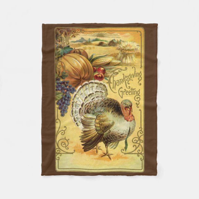 Vintage Thanksgiving Greetings with Turkey Fleece Blanket (Front)