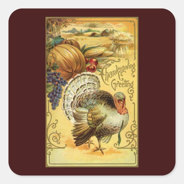 Vintage Thanksgiving Greetings with Turkey Square Sticker (Front)