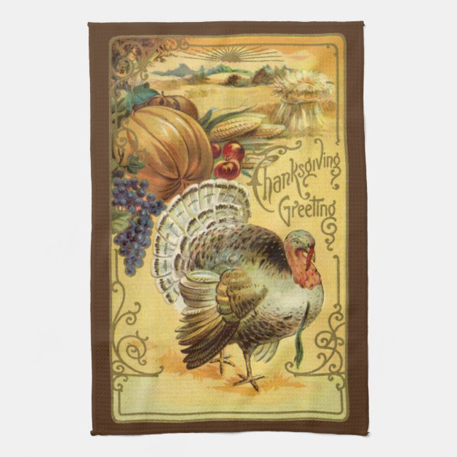 Vintage Thanksgiving Greetings with Turkey Tea Towel (Vertical)