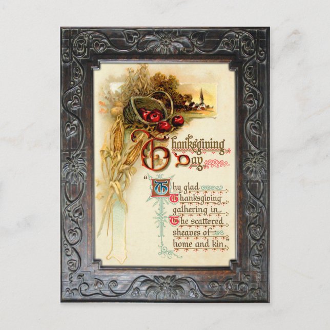 Vintage Thanksgiving Harvest Scene with Verse Holiday Postcard (Front)