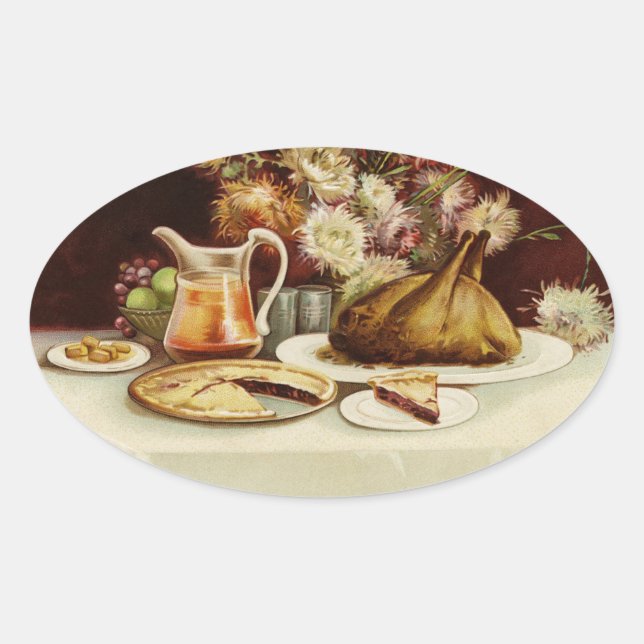 Vintage Thanksgiving Meal Oval Sticker (Front)
