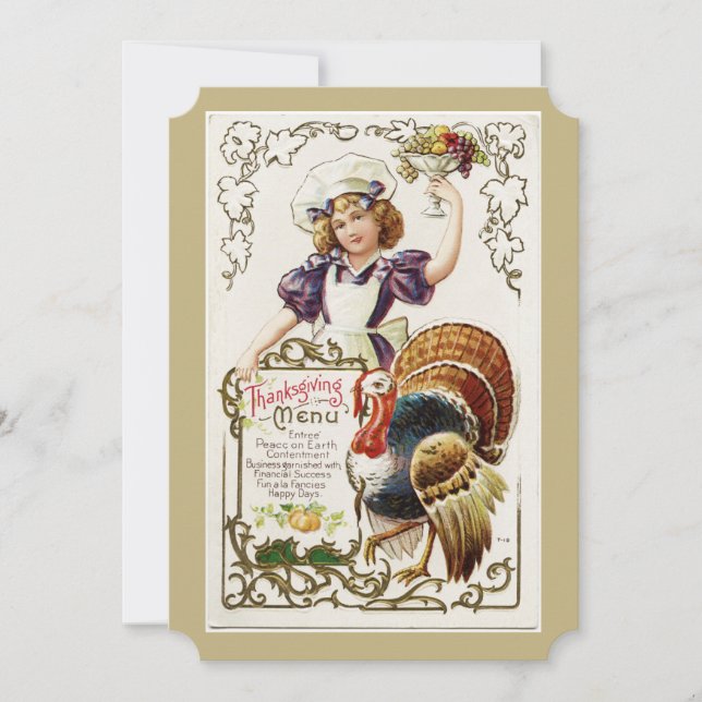 Vintage Thanksgiving Menu and Girl Invitations (Front)