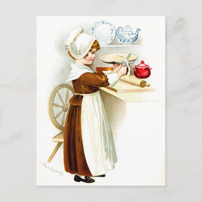 Vintage Thanksgiving - Pilgrim Baking Pie Holiday Postcard (Front)