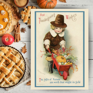 Vintage Thanksgiving Pilgrim Boy Custom Holiday Card