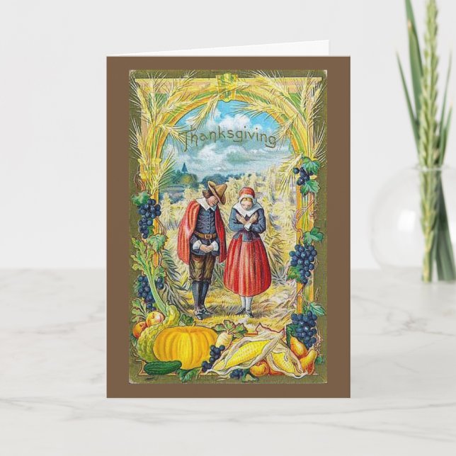 Vintage - Thanksgiving Pilgrims & Harvest, Holiday Card (Front)