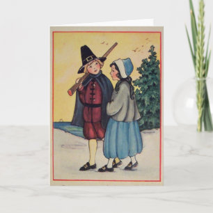 Vintage Thanksgiving Pilgrims Holiday Card