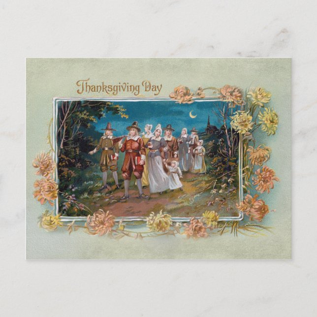 Vintage Thanksgiving Pilgrims in Moonlight Holiday Postcard (Front)