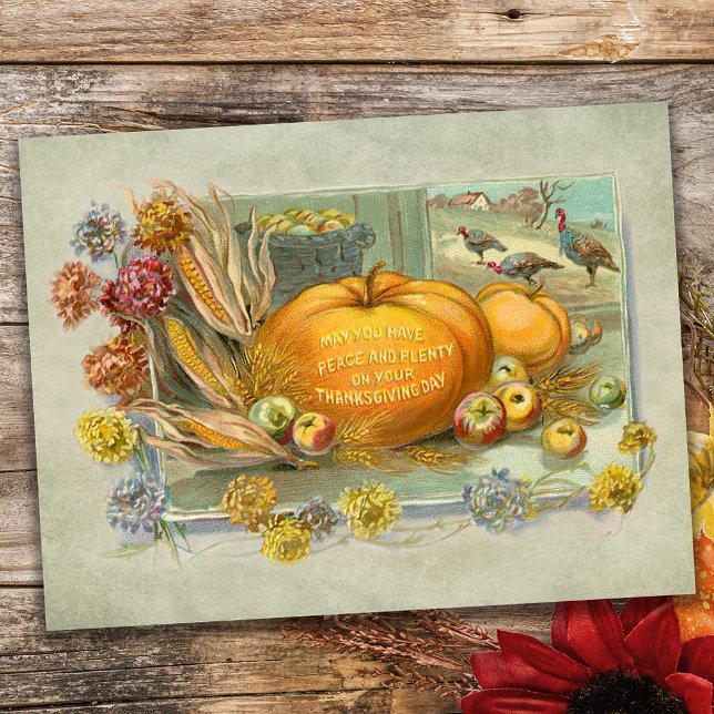 Vintage Thanksgiving Pumpkins, Fruit and Flowers Holiday Postcard (Creator Uploaded)