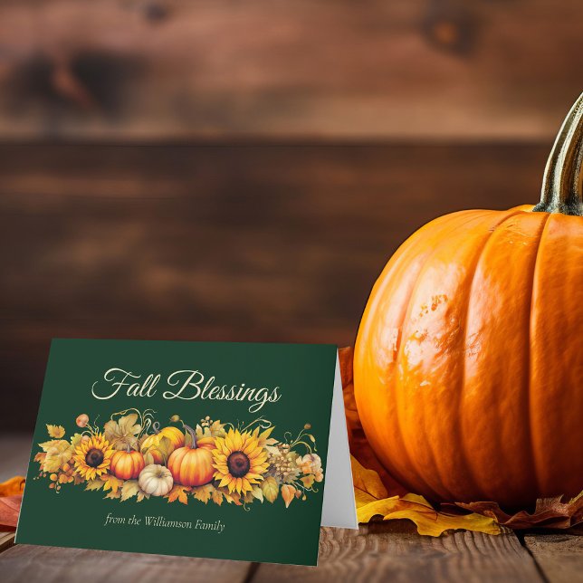 Vintage Thanksgiving Pumpkins Green Fall Blessings Holiday Card (Creator Uploaded)