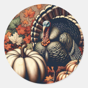 Vintage Thanksgiving Turkey and Pumpkins Classic Round Sticker