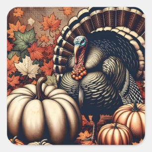 Vintage Thanksgiving Turkey and Pumpkins Square Sticker