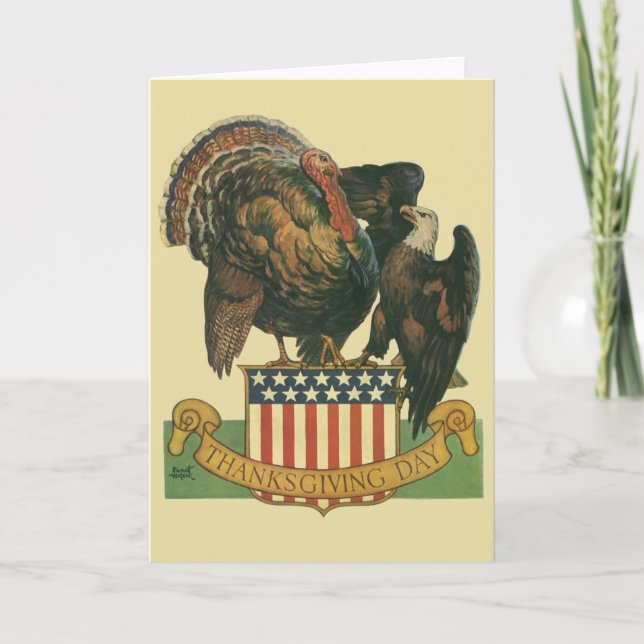 Vintage Thanksgiving Turkey, Eagle, Amercan Flag Holiday Card (Front)